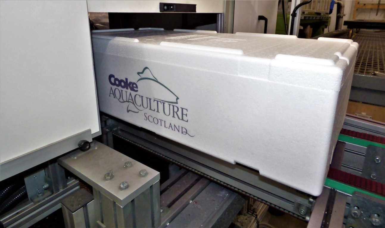Cooke Aquaculture Box coming out of the printer